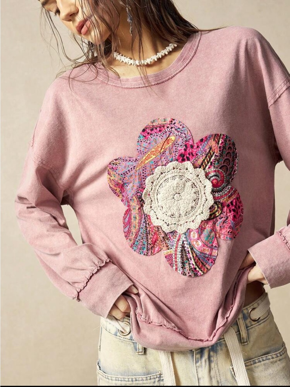 Boho Loose Fit Floral Applique Crochet Top Blouse Shirt New